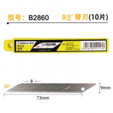 齐心 B2860 30度角美工刀片（10片装） 9mm  银色